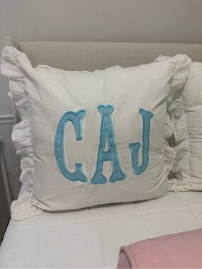 Embroidered Monogram Throw Pillow - White with Light Blue Letters